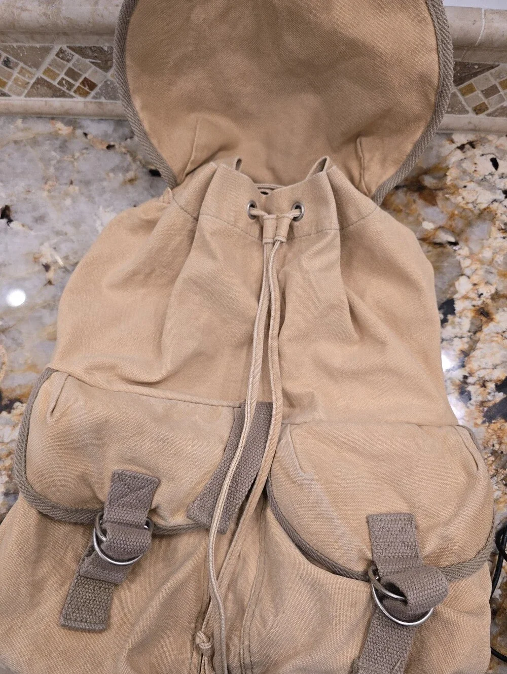 Rare vintage Abercrombie & Fitch canvas rucksack tan beige front cargo pockets